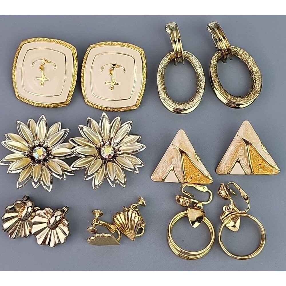 Vintage Clip on Earrings Gold Tone 6 Sets Floral Nautical Shell Wear or Craft
